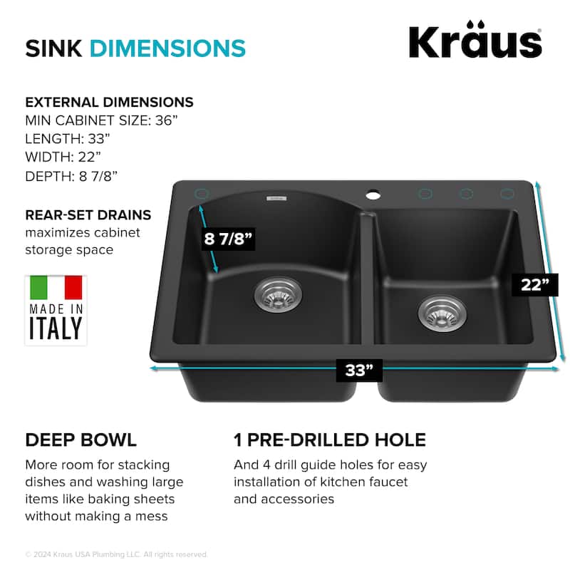 KRAUS Forteza Granite 33 inch 60/40 Undermount Drop-in Kitchen Sink