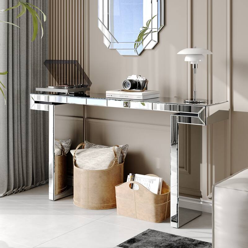 GDF Studio - Aranda Art Deco Mirrored Wood Console Table with Fluted Glass Design