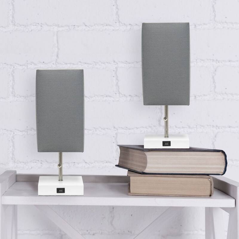 Simple Designs Petite White Stick Lamp with USB Charging Port and Fabric Shade 2 Pack Set - 5 x 5 x 14.25 (L x W x H)