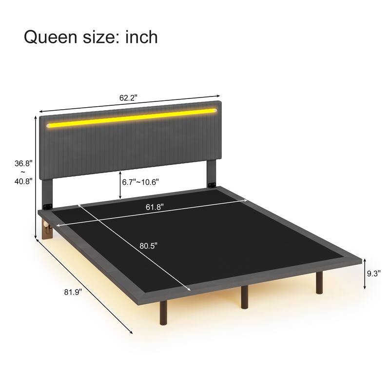 Modern Upholstered Floating Bed Frame with LED Lights, Vertical Channel Design Velvet Fabric Bed, Queen Size, Beige