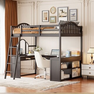 Full Size Solid Wood Loft Bed with U-shaped Desk & Storage Compartments, Space Saving Bedframe with Tri-fold Mirror, Espresso