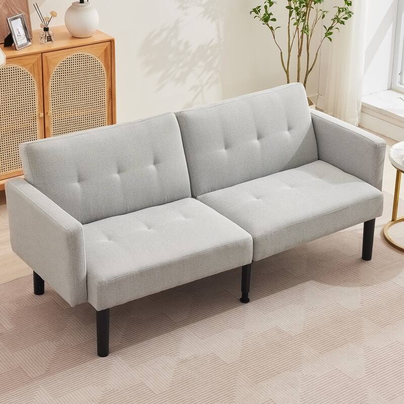 Convertible Futon Sofa Bed, 75.5” Linen Flannel Loveseat Couch Bed With Wood Legs