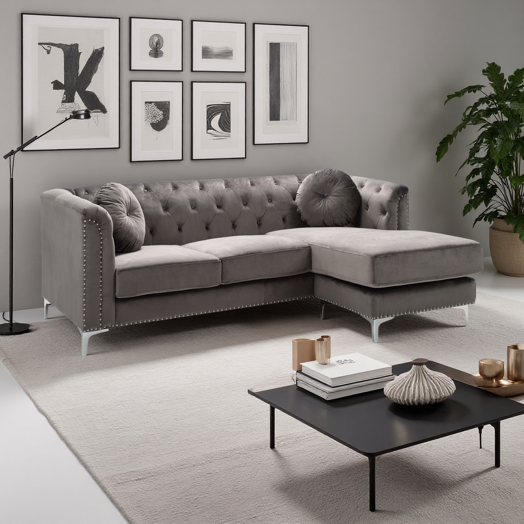 83" Velvet Mid-Century Modern 4-Seater Sectional Sofa Chaise with Tufted Back & Wood Frame