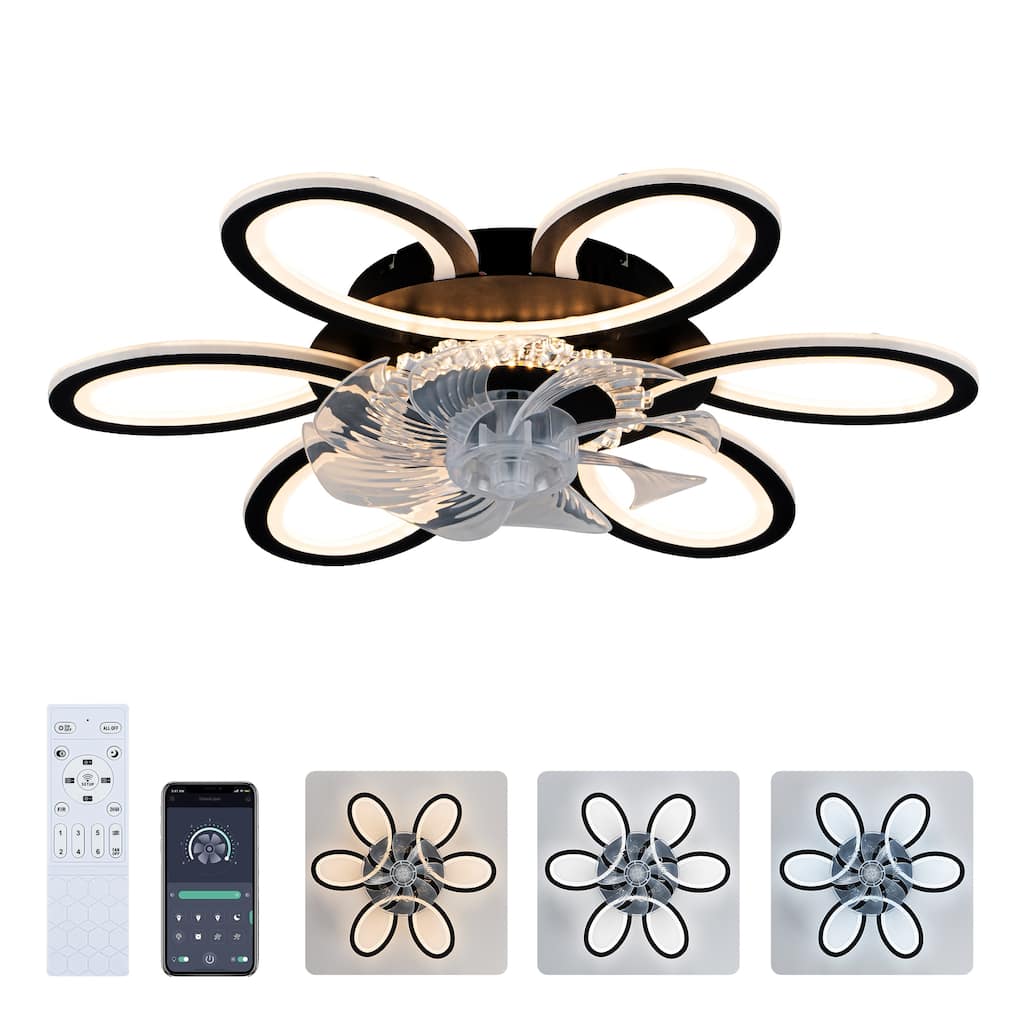 5 PCS Blades Ceiling Fan with Lights Remote Control.29" Black, 6 Speeds 3 Light Color Low Profile Flush Mount Ceiling Fan