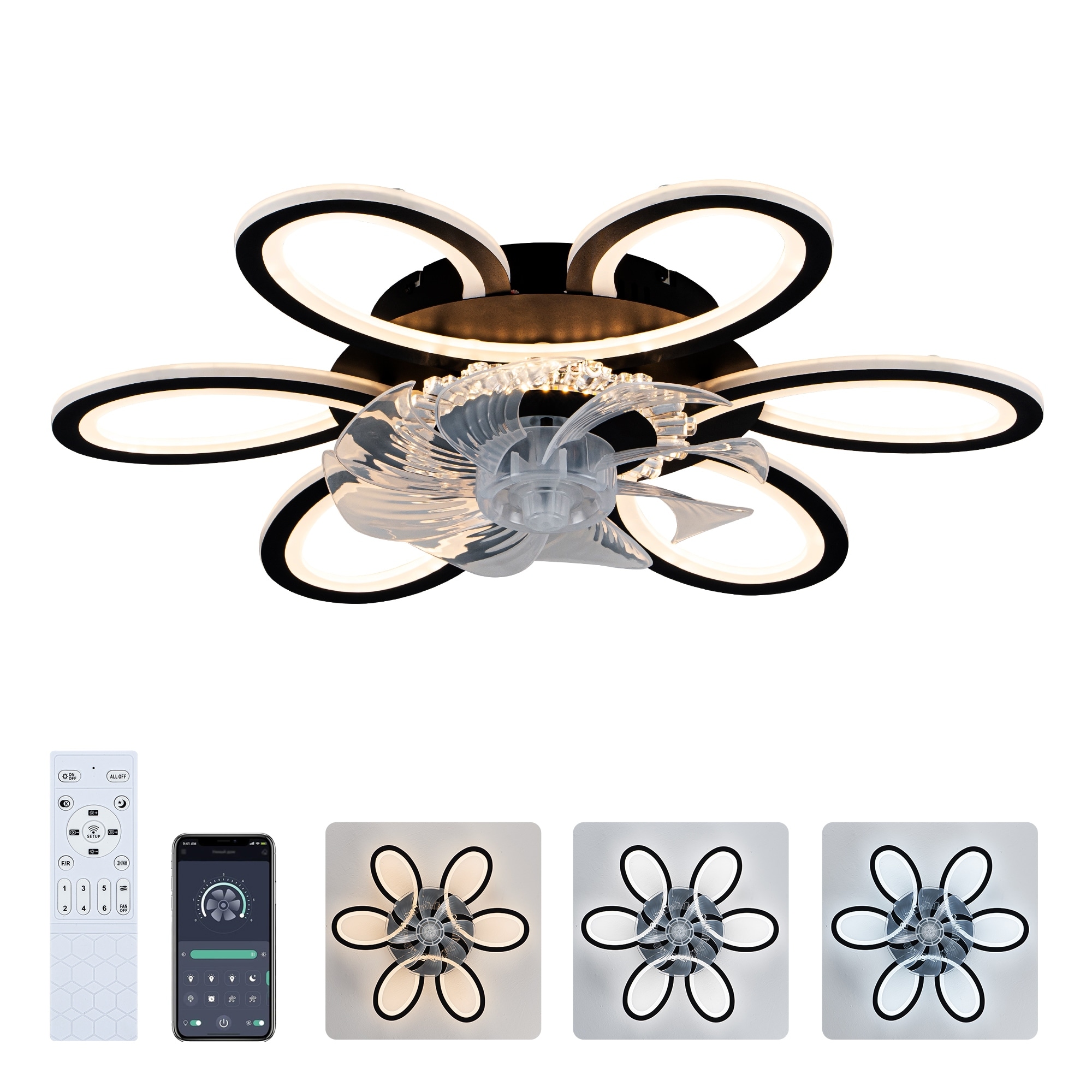 5 PCS Blades Ceiling Fan with Lights Remote Control.29" Black, 6 Speeds 3 Light Color Low Profile Flush Mount Ceiling Fan