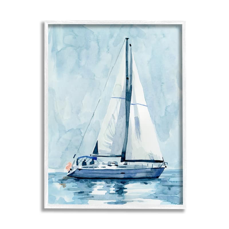 Stupell Nautical Blue Sailboat Tranquil Coastal Water Watercolor Painting Framed Wall Art - White