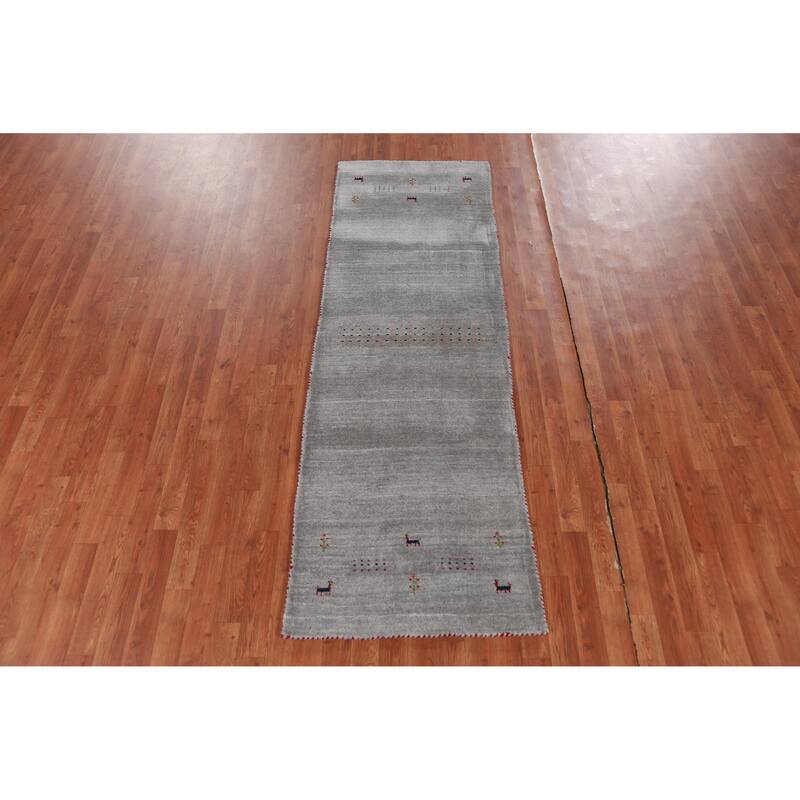 Hand Knotted Oriental 100% Wool Carpet Tribal Animal Pictorial Greys & Charcoal Gabbeh Runner Rug - 7' 9'' X 2' 7''