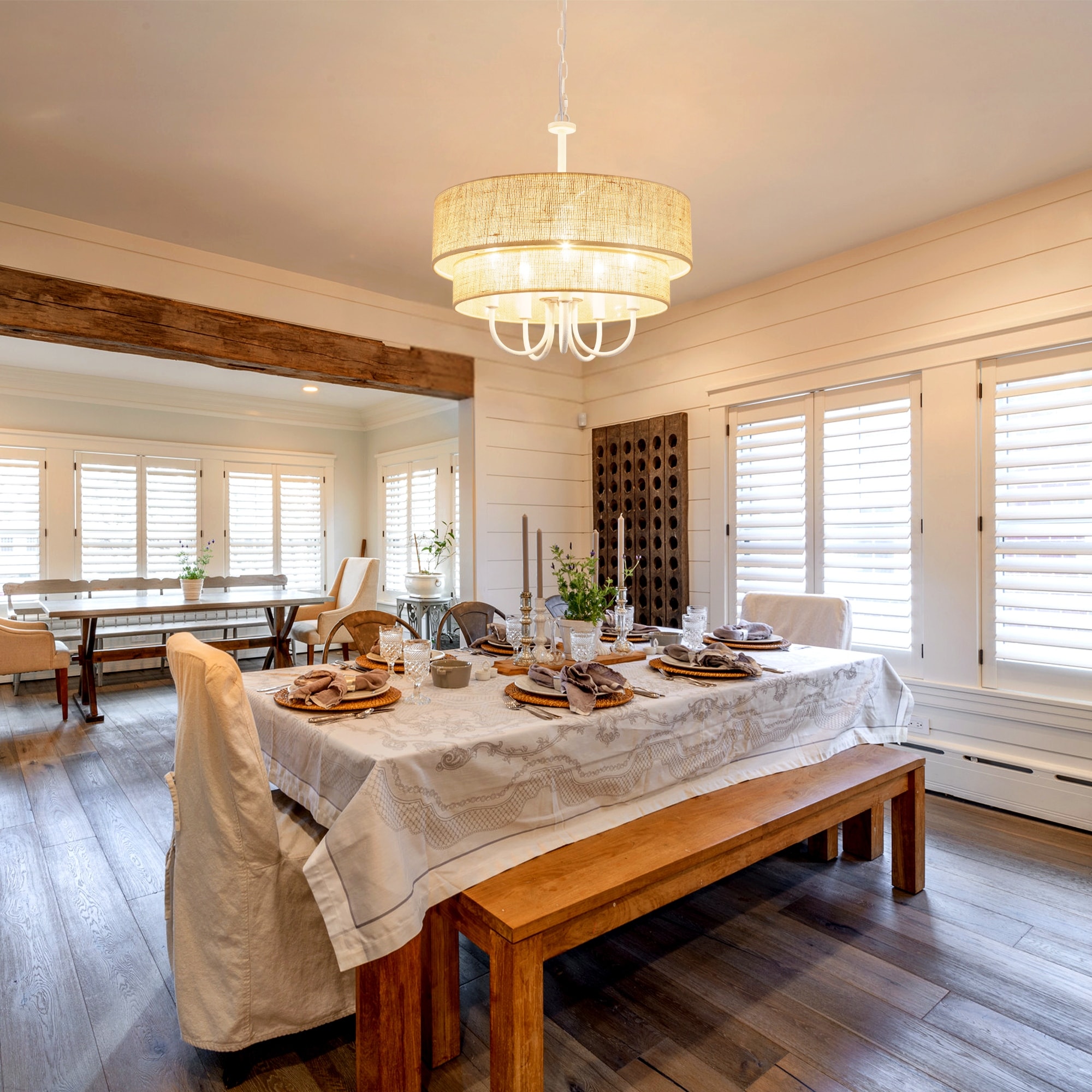 18.1-in 5-Light Farmhouse Rattan Pendant Light with 2-Tier Hand-Woven Drum Shade for Dining Room