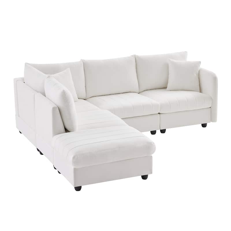 89x79x32" White 5-Seat Sectional Sofa with Ottoman, Stripes, 2 Pillows, L-Shape, Living Room
