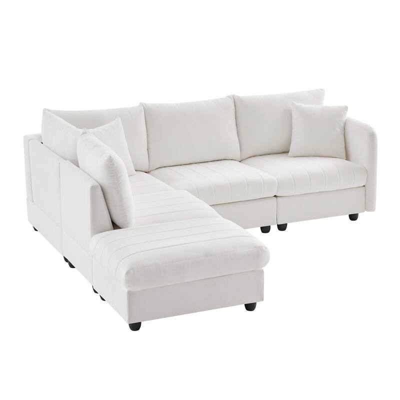 Modular L-Shaped Sectional Sofa with Movable Ottoman, 5 Seat Corner Couch with Throw Pillows, Comfy Cloud Upholstered Sofa