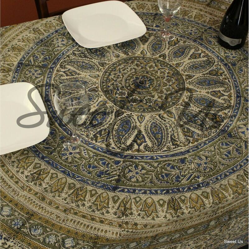 Block Print Kalamkari Paisley Floral Tablecloth Rectangle Blue Green Red Beige - 70 x 104 inches