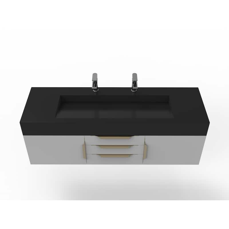 Nile 60" Wall Mounted Bathroom Vanity Set w/ Black Top