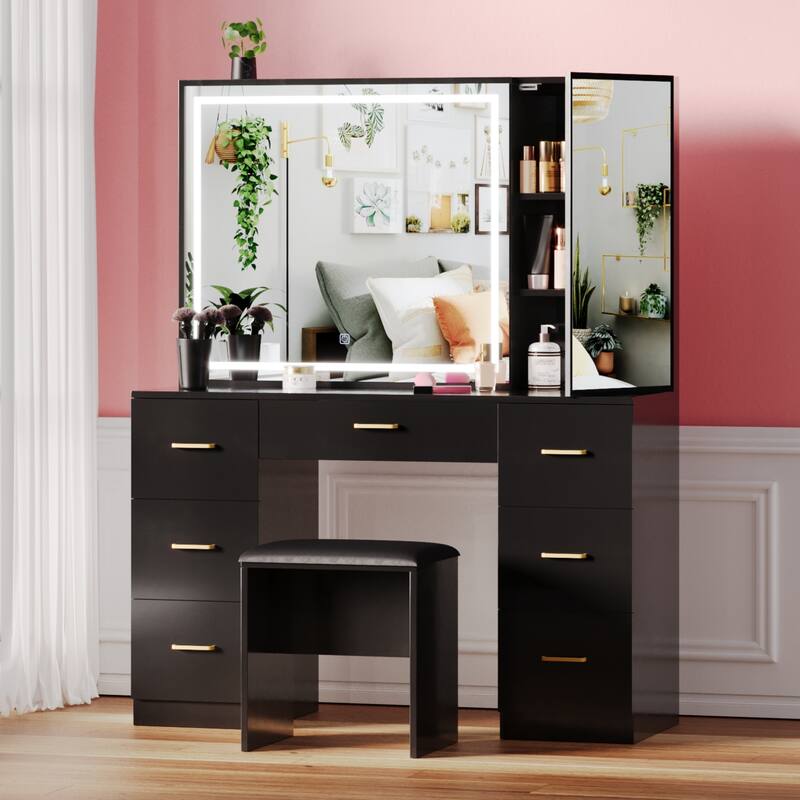 Vanity Set with Lighted Mirror,Extra Large Mirror Makeup Vanity Table with 7 Drawers,white