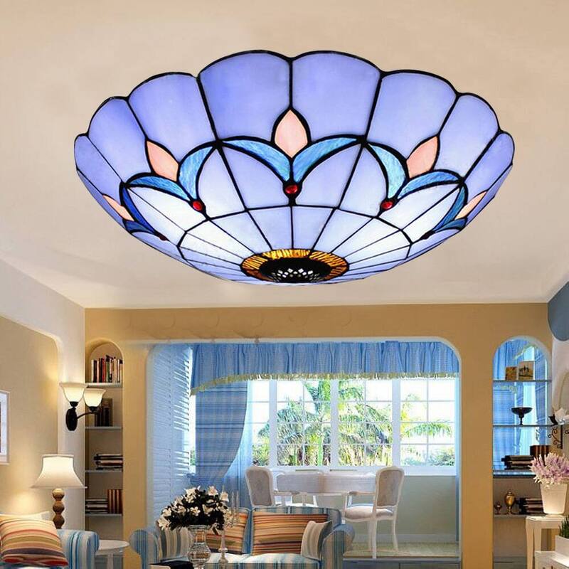 12"Tiffany Style Stained Glass Flush Mount Vintage Lamp Fixture - 11.81''