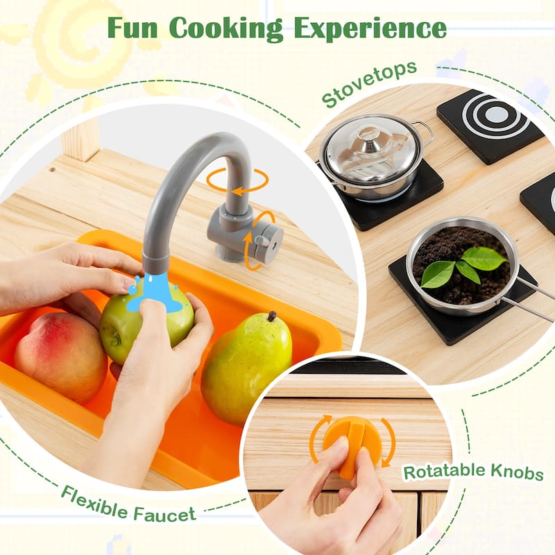 Gymax Kids Mud Kitchen Outdoor Wooden Pretend Play Kitchen w/ 4
