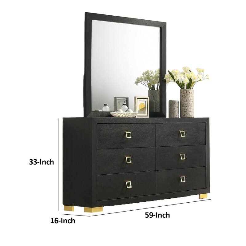 Lati Wide Dresser, 6 Drawers, Modern Black Wood, Gold Metal