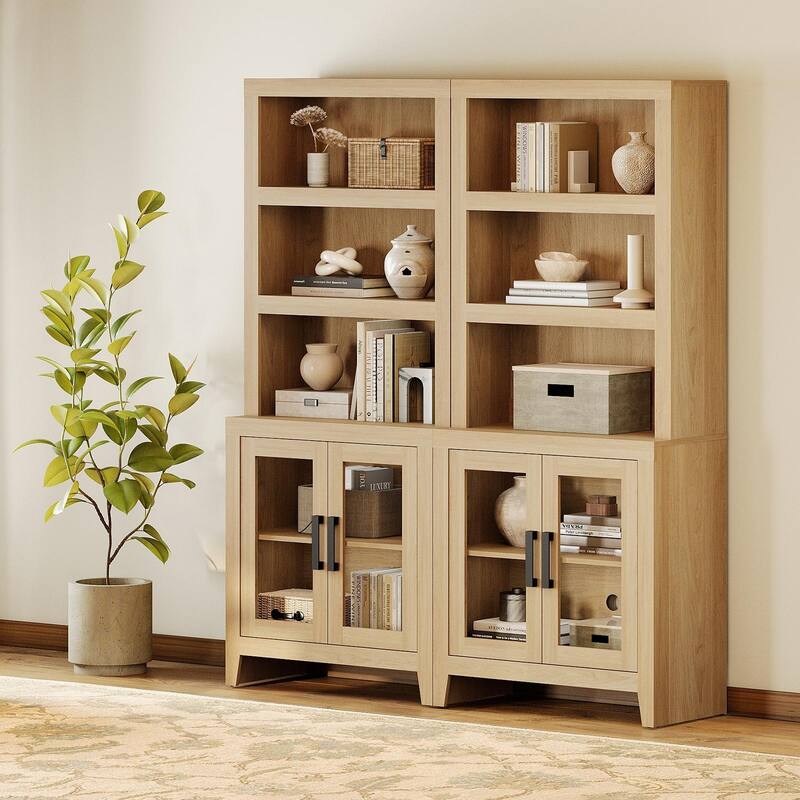 WAMPAT 3 Tier Bookshelf with Glass Door, 74" Tall Bookcase with Adjustable Shelf and Storage Cabinet, Farmhouse Wooden Bookshelf - 62-inch width - Oak