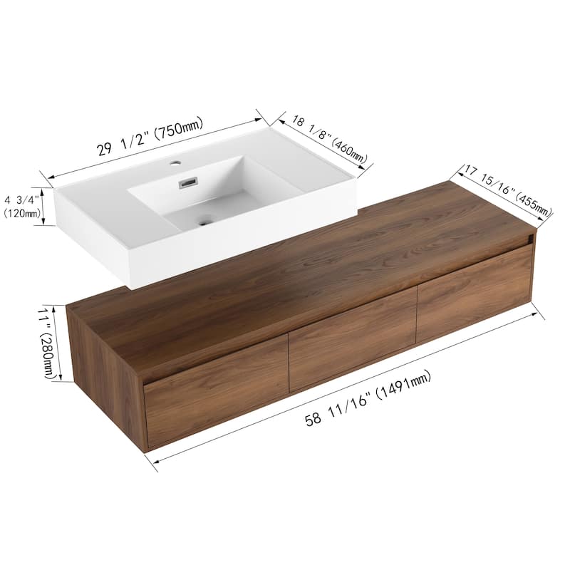 Beingnext 30"/60" Wall Mounted Bathroom Vanity with Sink, Floating Bathroom Vanity with Soft Close Drawer
