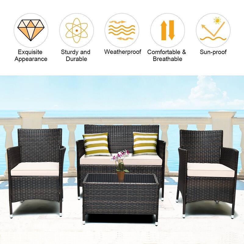 Rattan Patio Conversation Furniture Set with Glass Table and Comfortable Sofa - 4 Pcs