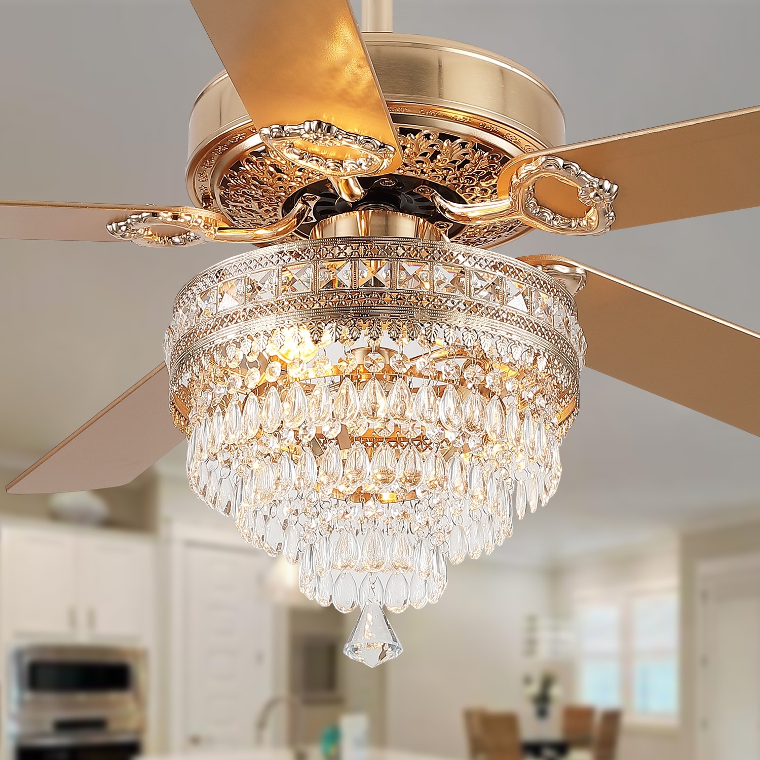 52" or 62" or 72" Crystal Ceiling Fan Chandelier with Lights,Remote Control, Timer,Reversible Motor