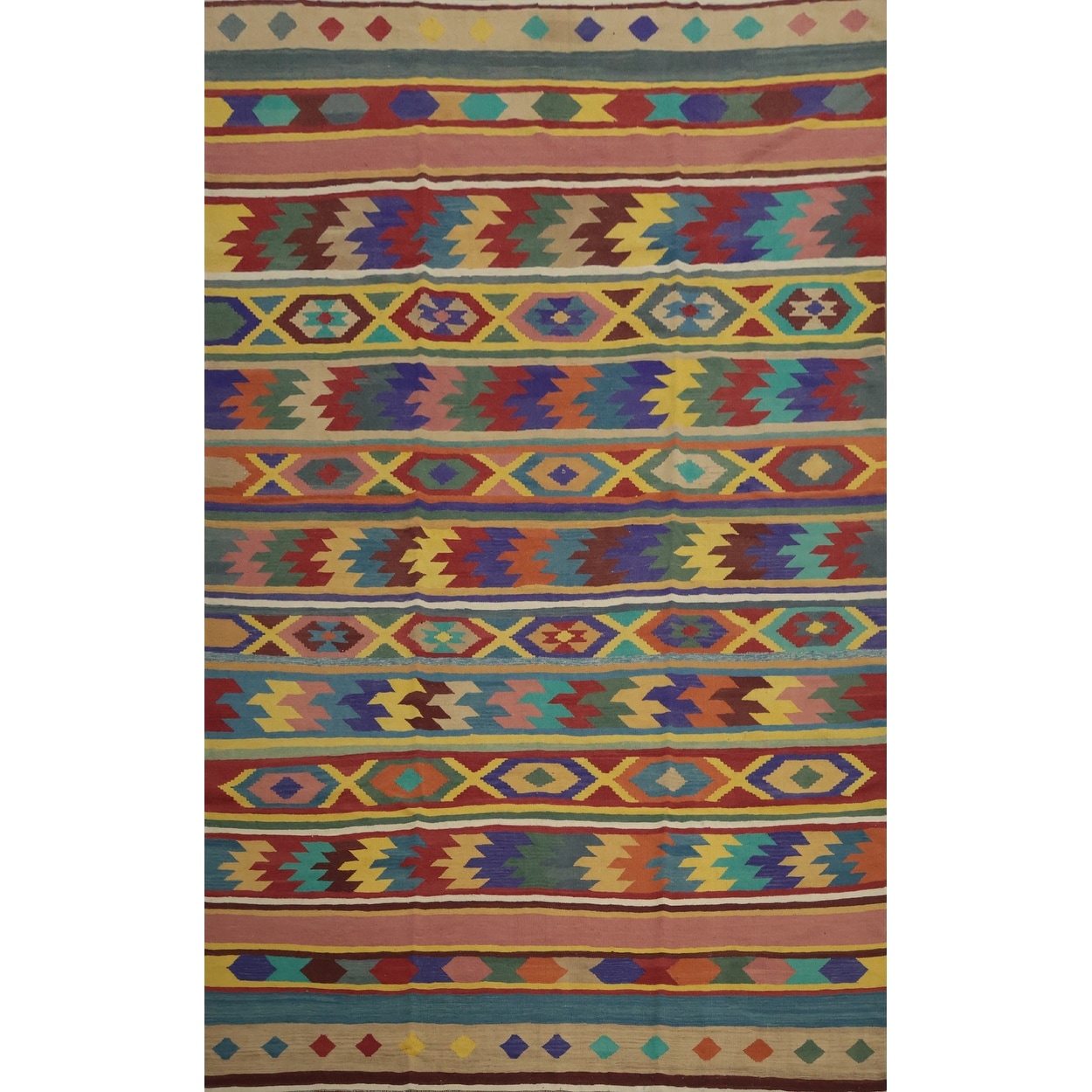 Hand Woven Oriental 100% Wool Carpet Southwestern Tribal Multi-Colored Kilim Area Rug - 13' 5'' X 9' 4''