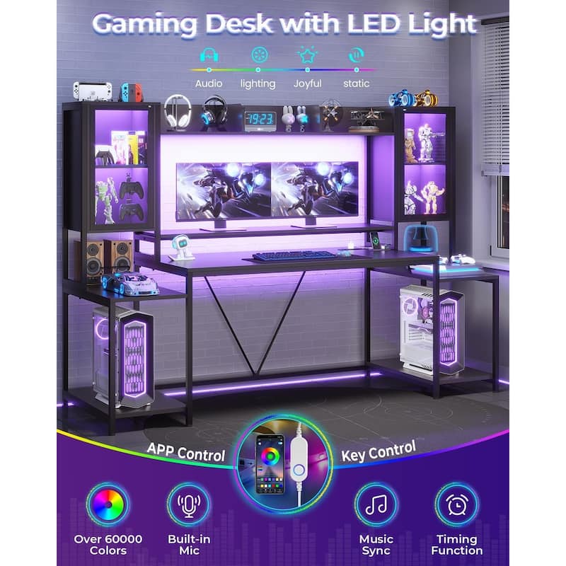 Gaming Desk LED Lights Hutch and Storage Shelves Glass Display Cabinet