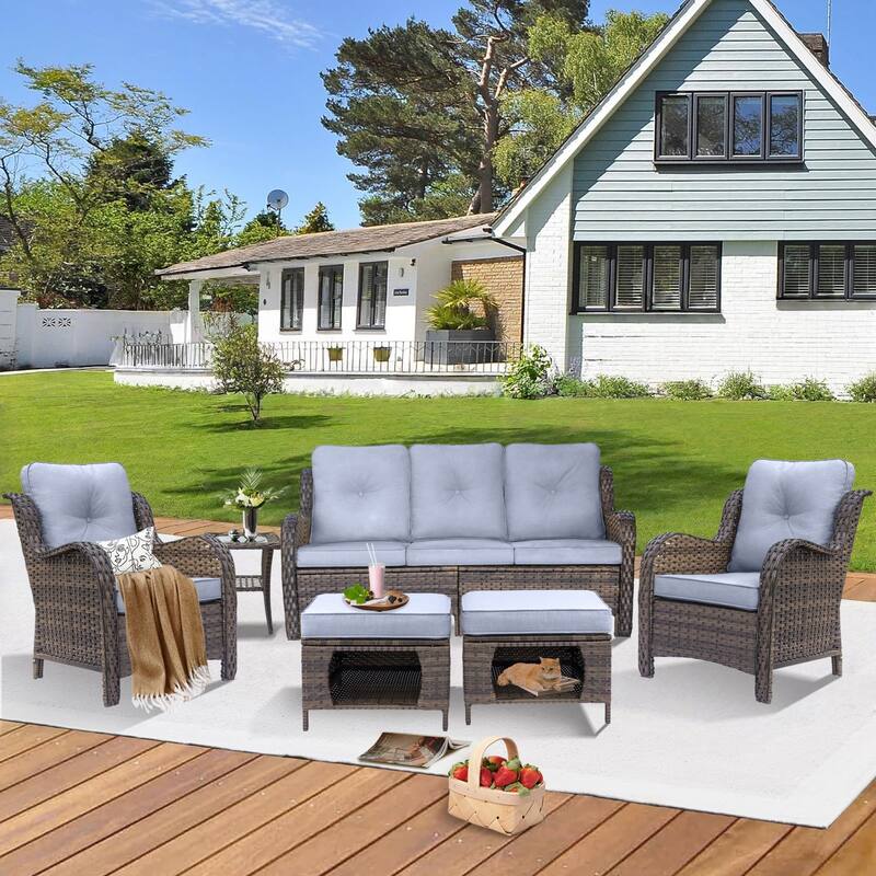 Brown Wicker Outdoor Patio Furniture Sofa Set with Denim Blue Cushions