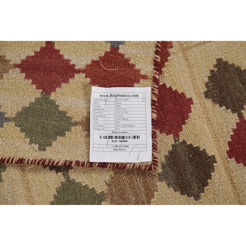 Geometric Kilim Oriental Area Rug Hand-Woven Beige Wool Carpet - 3'9"x 6'0"