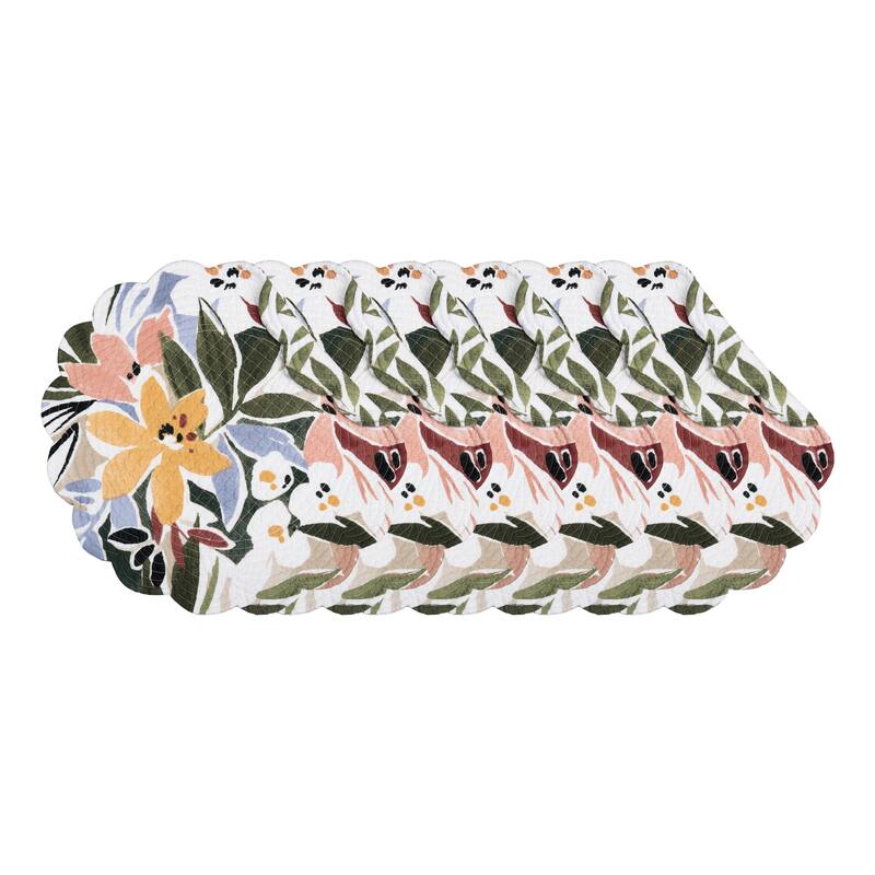 Joelle Floral Flowers Palm Leaf Vibrant Scalloped Round Placemats Set of 6, 17" - Multicolored