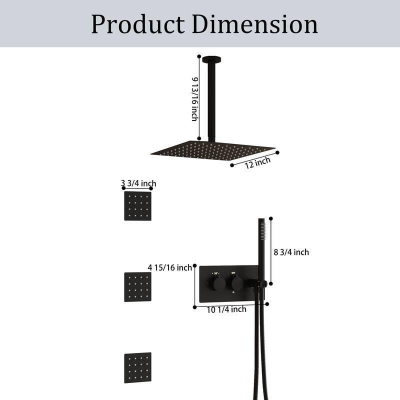 3-Function Ceiling-Mounted Shower System With 12" Ultra-Thin Square Shower Head,Body Jets And Hand Shower(Valve Included)