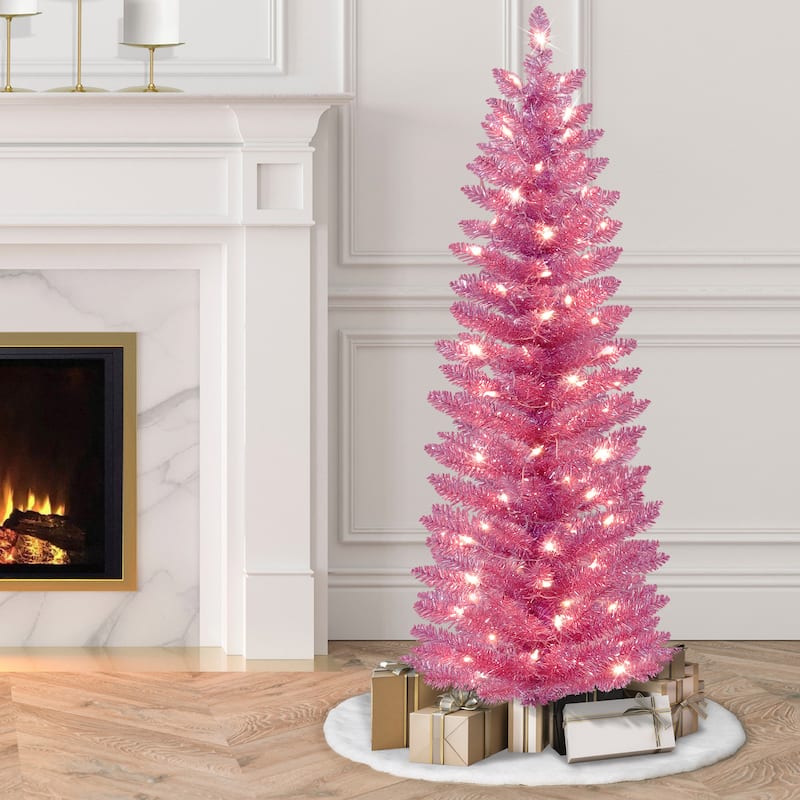 Puleo International 4.5 ft. Pre-Lit Pink Tinsel Artificial Tree