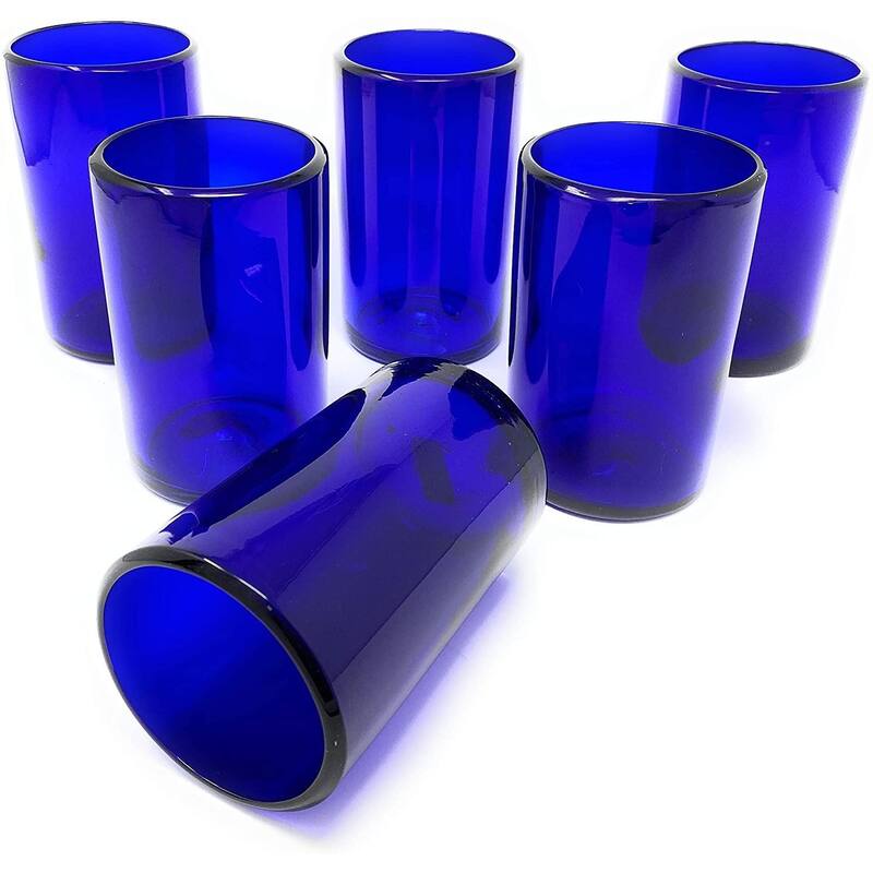 Dos Sueños Hand Blown Mexican Drinking Glasses - Set of 6 Cobalt Water Glasses (14 oz each)