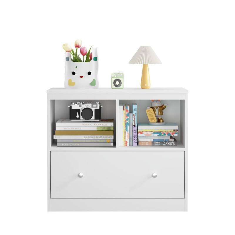 Modern White Storage Cabinet with Open Shelf and Drawer - Kids Playroom and Home Office Organizer