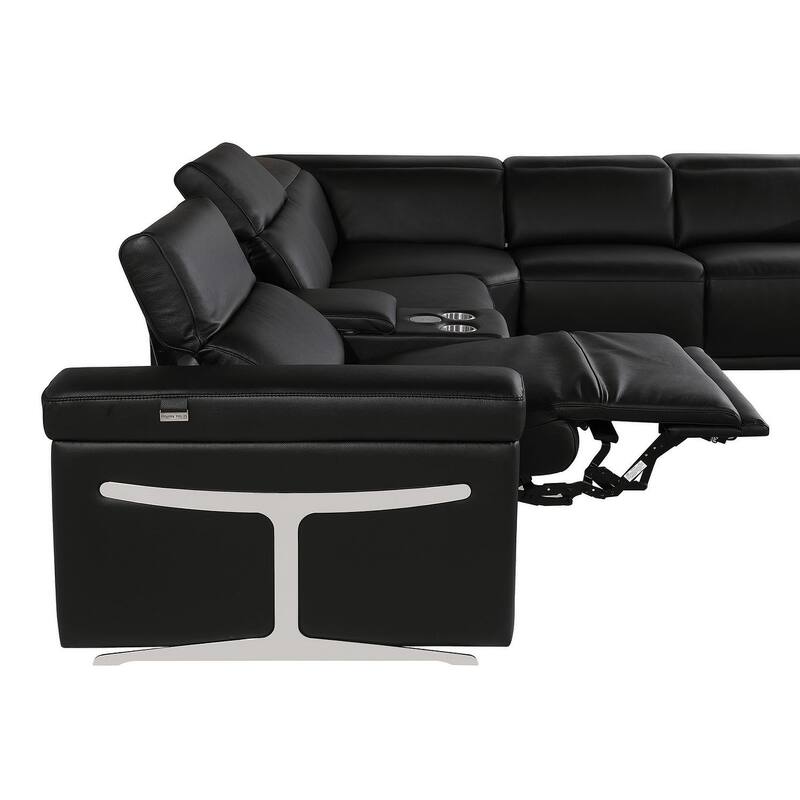 HomeRoots Black Italian Leather Power Reclining U Shaped Eight Piece Sectional With Console