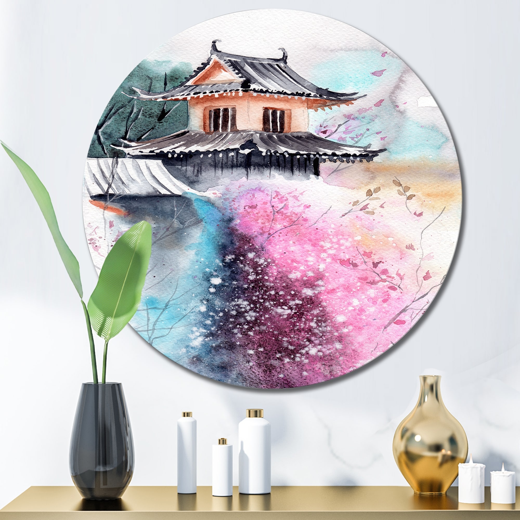 Designart 'Cherry Blossoms With Japanese Temple' Vintage Metal Circle Wall  Art Bed Bath  Beyond 35987389