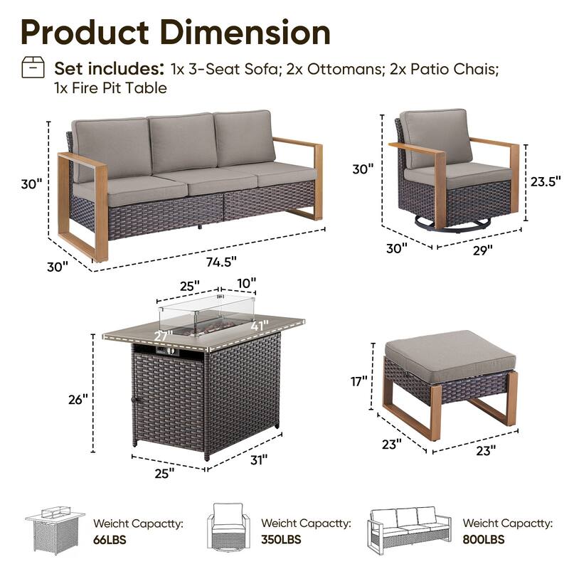Pocassy Fire Pit Table with Outdoor Sofa Chair Ottoman Set