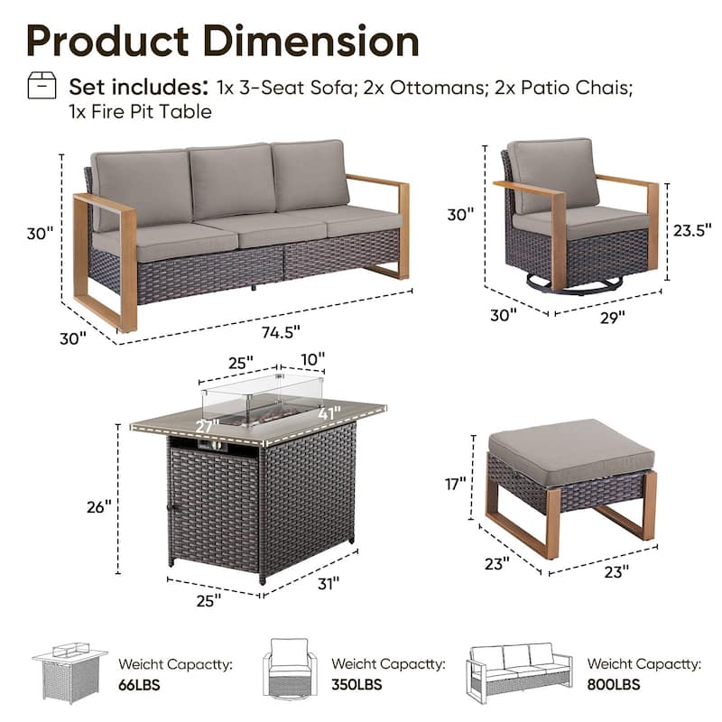 Pocassy Outdoor Wicker Sofa Swivel Chair with Fire Table Set