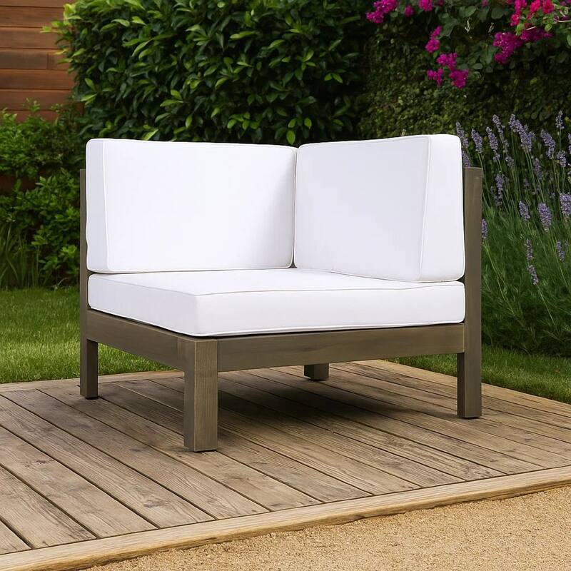 Lizzie Outdoor Corner Chair, Cross Back, White Fabric, Dark Gray Wood