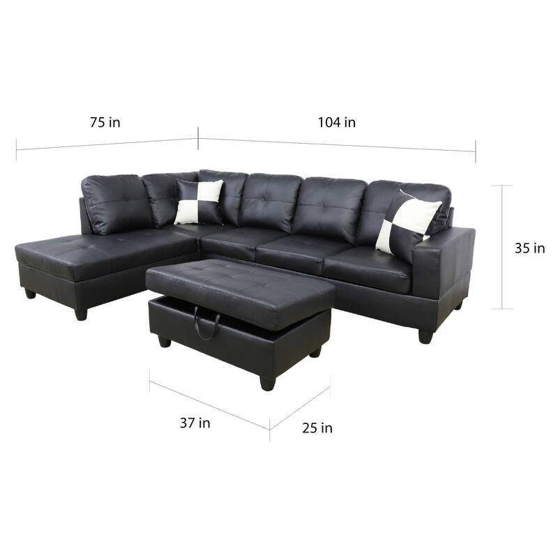 3-Pieces Sectional Sofa Set,Left Facing Black(091A)