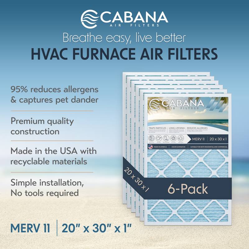 Cabana Air Filters 6 Pack HVAC Furnace Air Filters, MERV 11, 20 x 30 x 1, White - 1.02