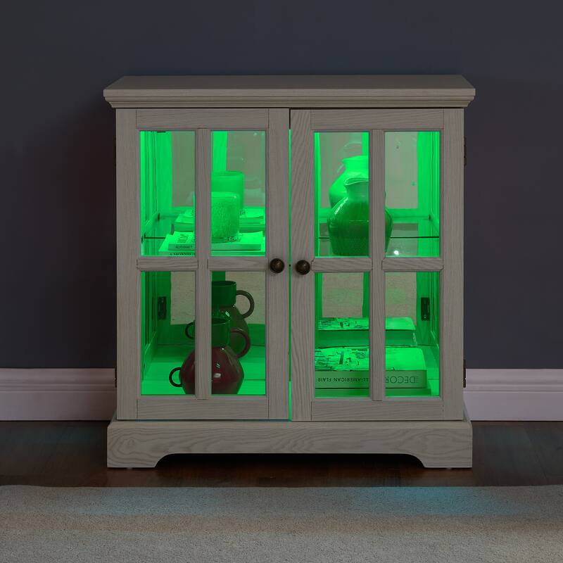 Retro Display Cabinet with Lattice Doors, Adjustable Shelve and LED Lights
