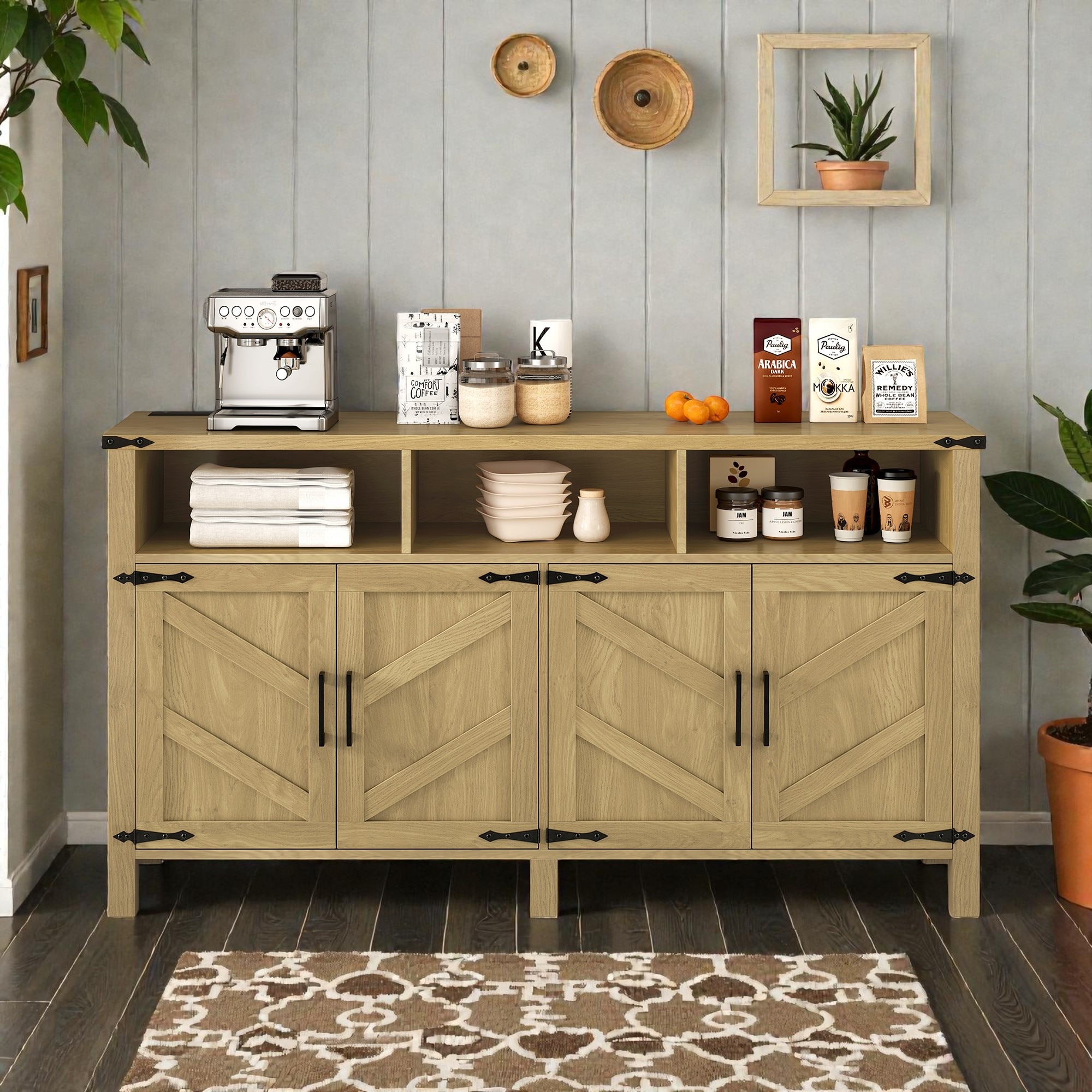 59" Modern 4-Door Sideboard with Power Outlets, USB Ports, Adjustable Shelves & Half-Open Storage Cabinet
