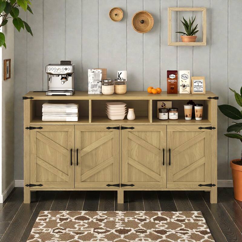 59" Modern 4-Door Sideboard with Power Outlets, USB Ports, Adjustable Shelves & Half-Open Storage Cabinet - Natural