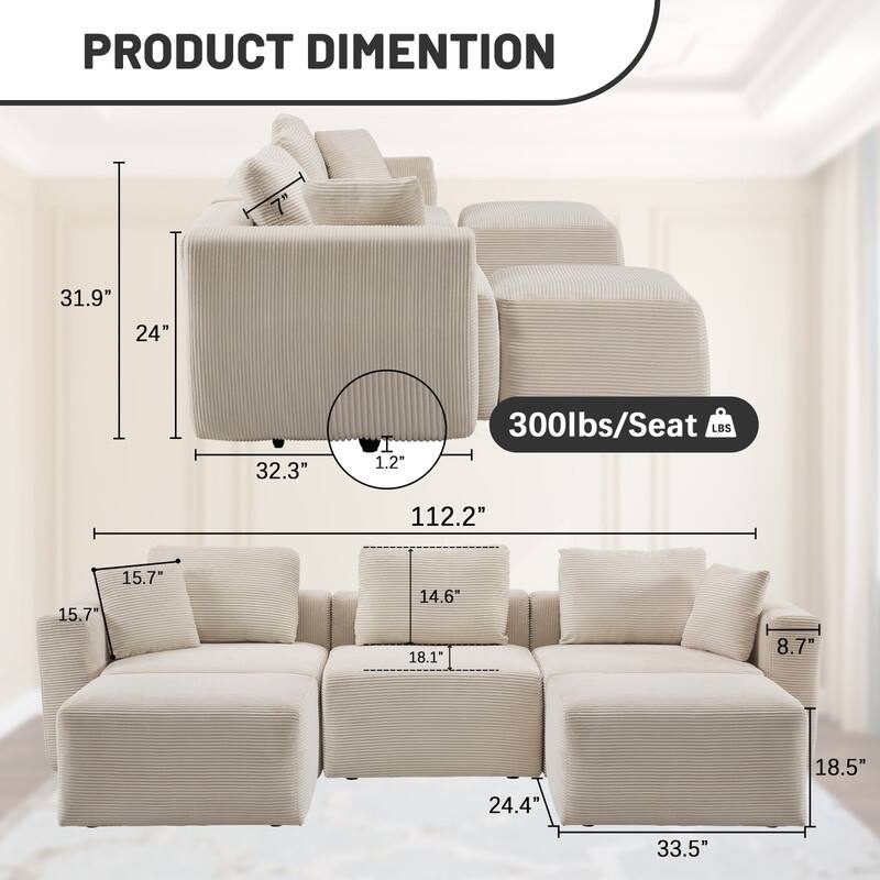 112.2‘’ W Corduroy Modern Compressed Block Sectional Couch with Plush Cushions