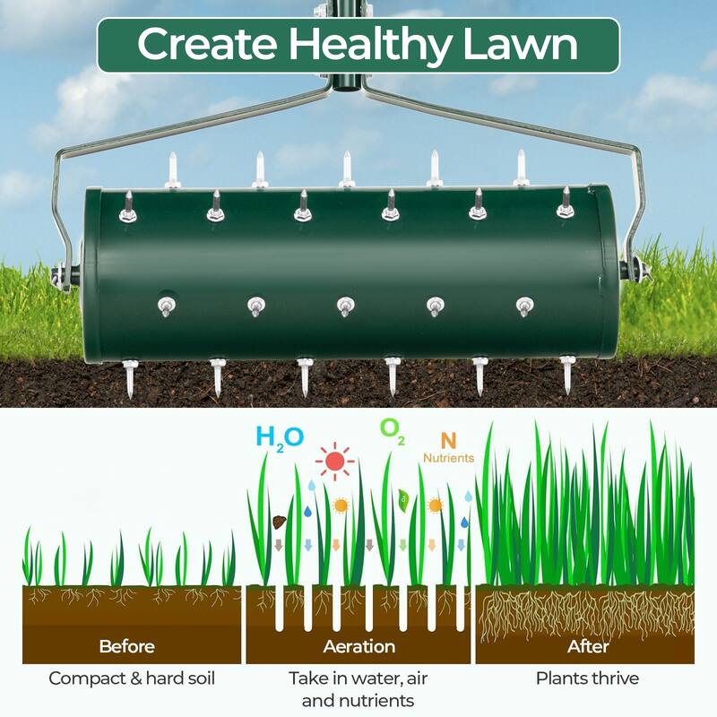 Manual Lawn Aerator Roller with Spiked Drum and Ergonomic Handle Fillable Steel Design