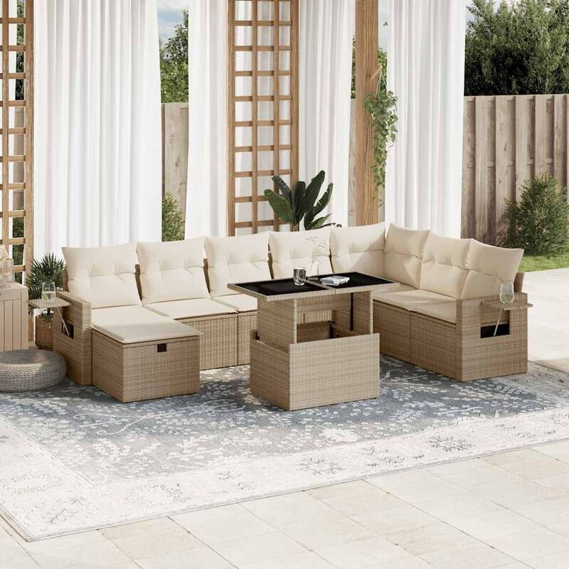vidaXL Patio Sofa Set with Cushions Outdoor Furniture 9 Piece Poly Rattan - Beige and cream - 21.7 x 39.4 x 28.7 in