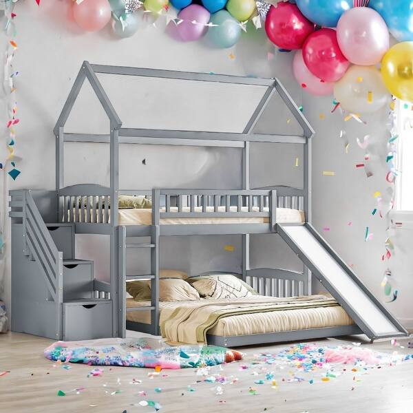 slide 2 of 20, Playhouse Design Twin Over Twin Bunk House Bed with Two Drawers and Slide Gray