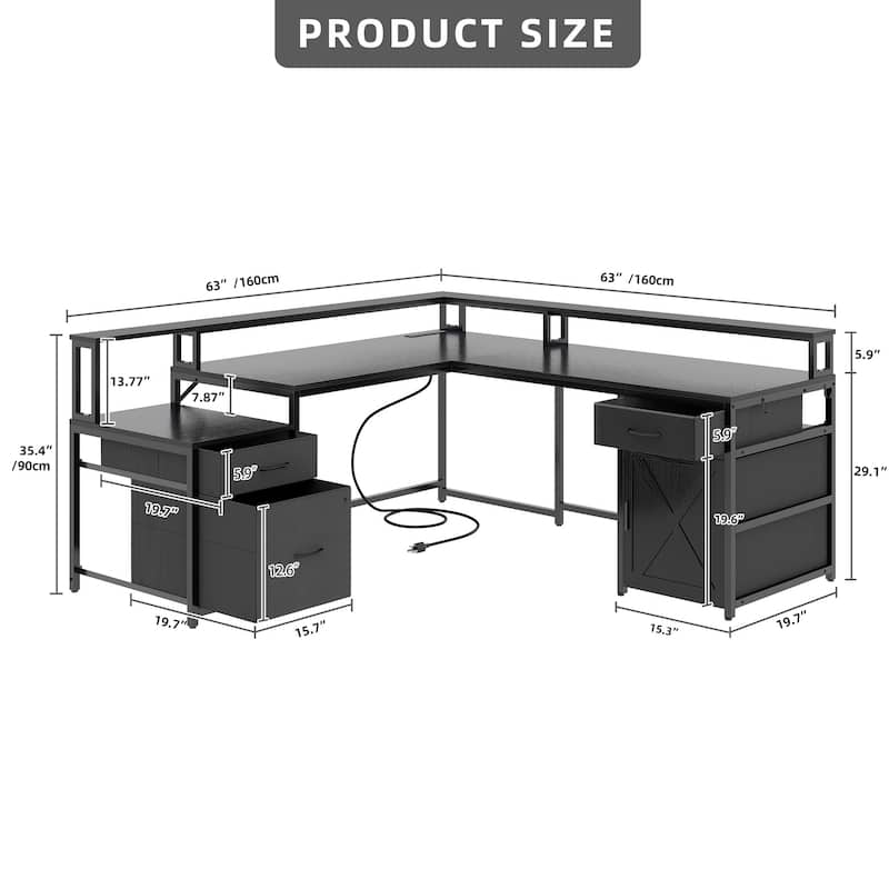 Moasis 63" Corner L Shaped LED Computer Desk with Drawers & Power Outlets