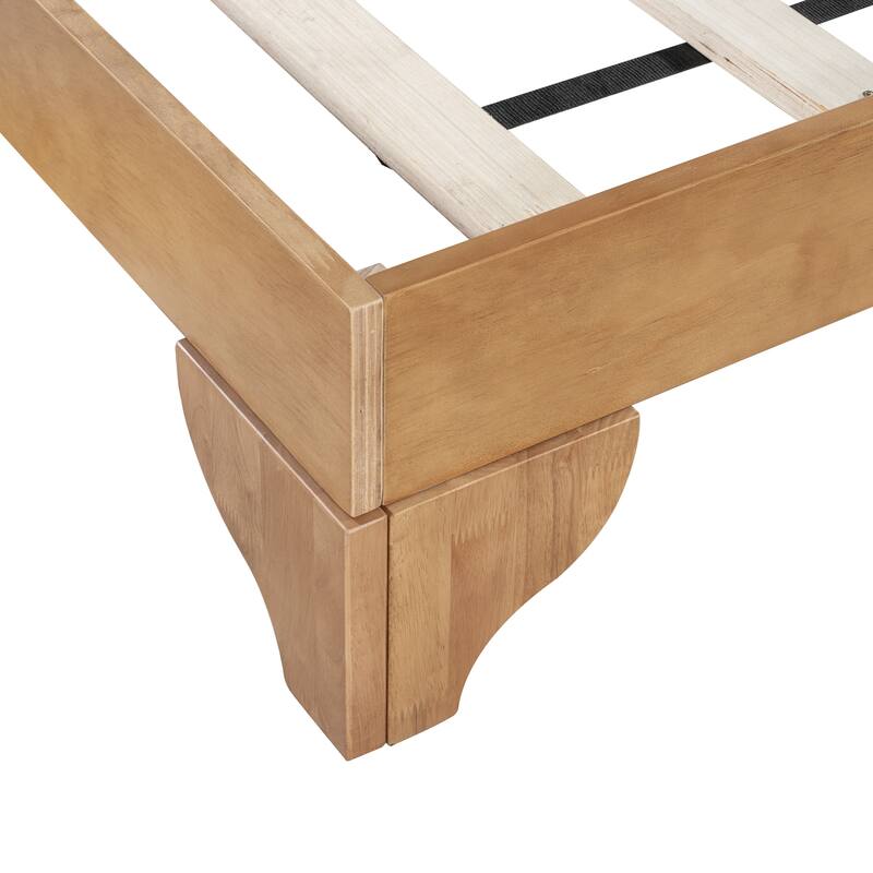 Solid Pine Wood Bed Frame, Mid Century Modern Platform Bed with Upholstered Headboard, No Box Spring Needed