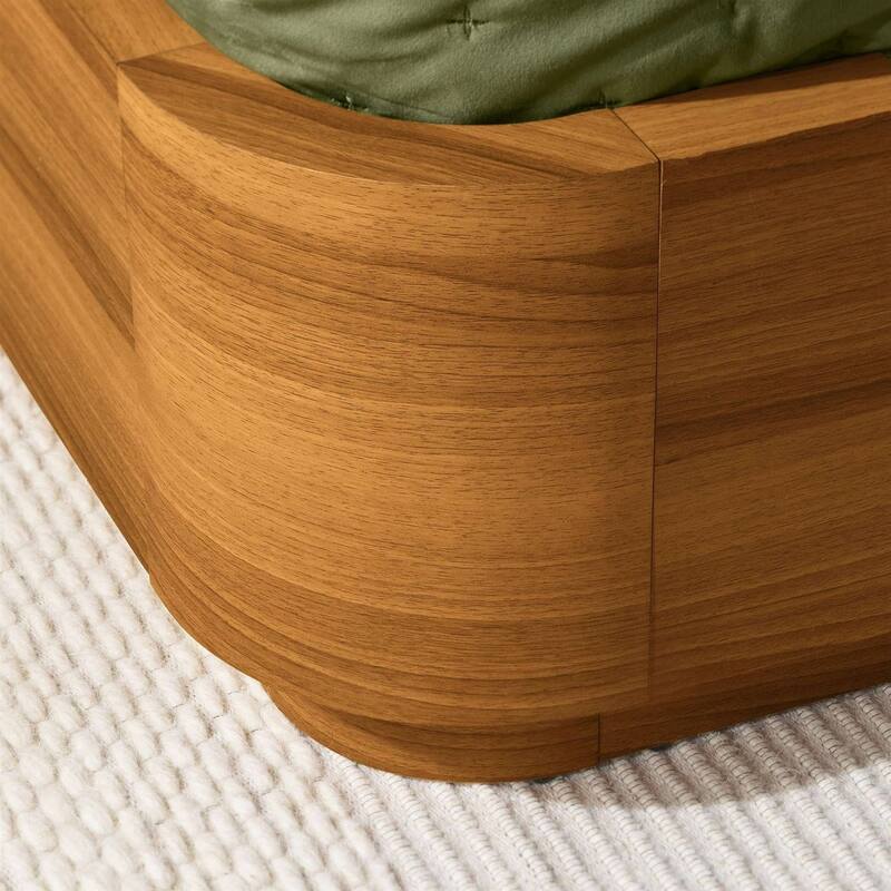 Queen Size Curved Solid Wood Platform Bed Modern Wooden Bed Frame with Slats No Box Spring Required Brown